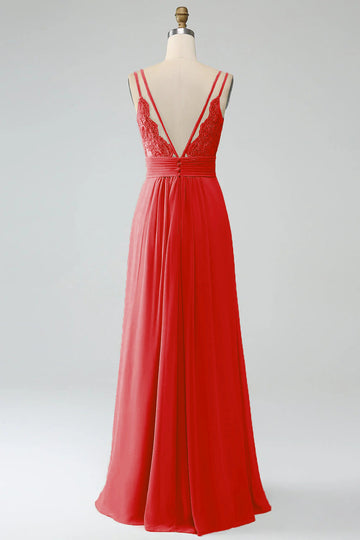 Rojo A-Line Spaghetti Trapes Plisado Gasa Largo Vestido De Dama De Honor